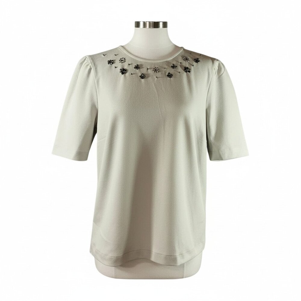 Ann Taylor Petite Soft Grey Silver Jeweled Top MP
